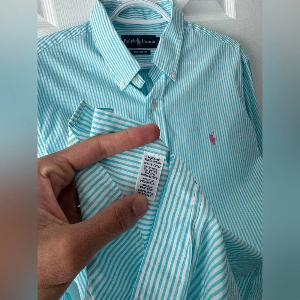 Polo Ralph Lauren Teal White Striped Button Down Dress Shirt L Pink Pony Florida